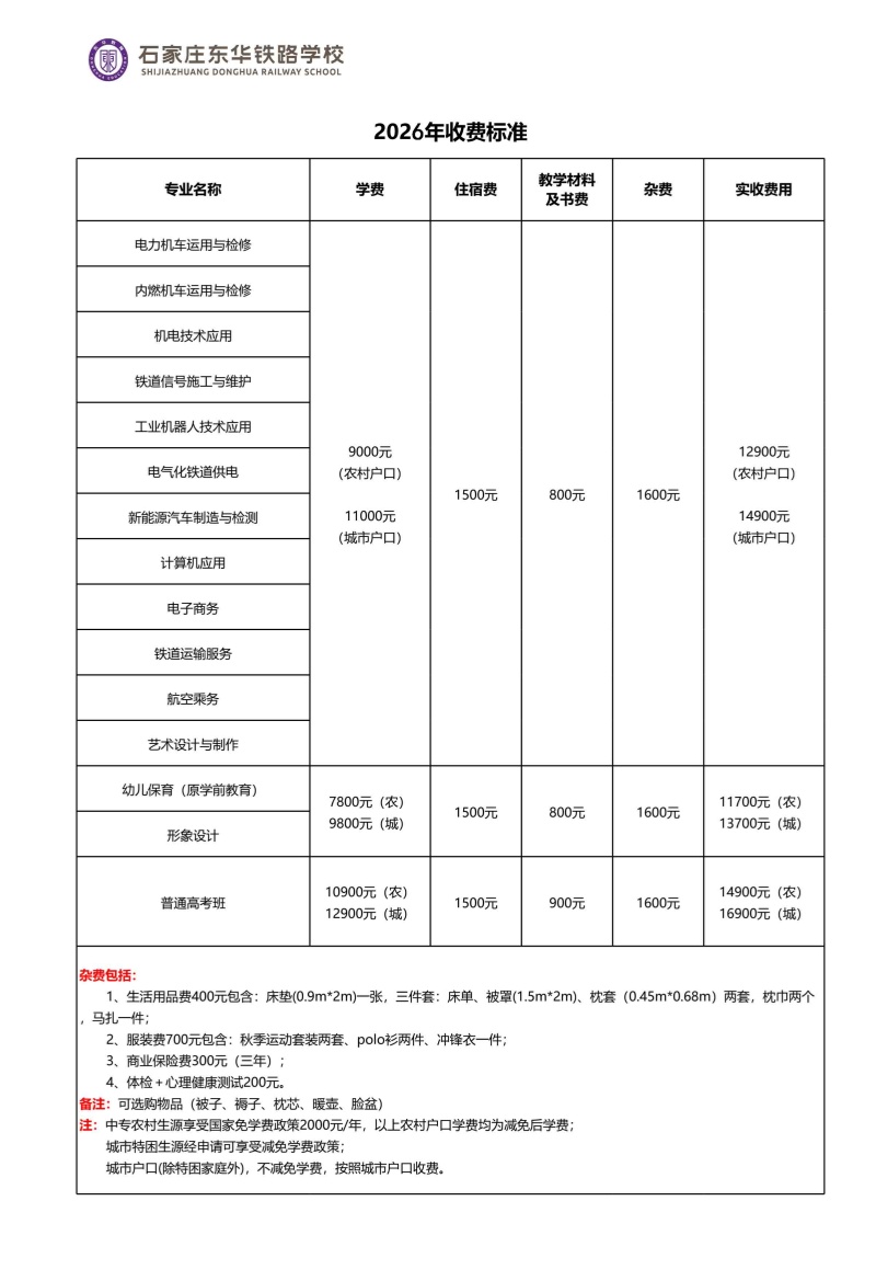 石家莊東華鐵路學校2026年秋季招生學費多少錢？有資助政策嗎？
